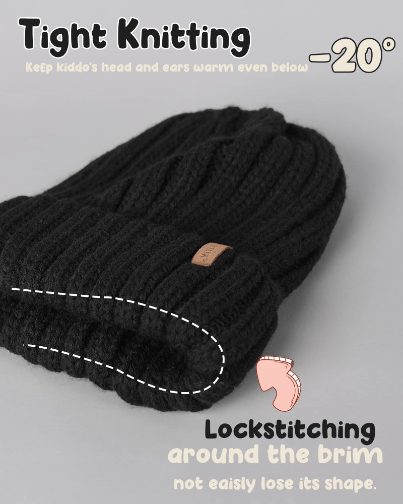 FURTALK Kids Winter Hat Toddler Knitted Beanie with Faux Fur Pom Poms for Baby Girls Boys Black with Black Pom,3-24 Months - Image 2